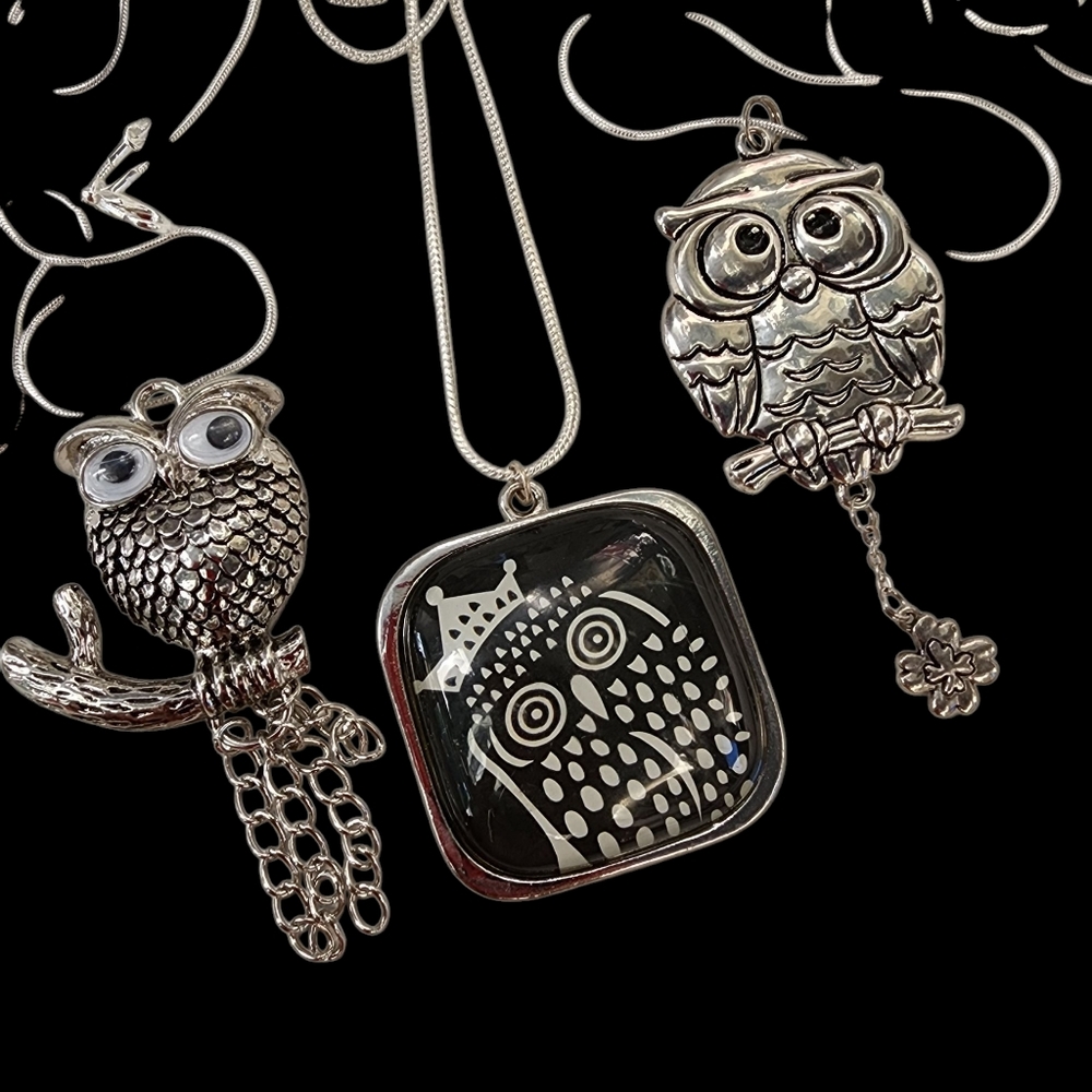 Bundle of 3 Owl Pendant Necklaces Silver Tone Whimsicle